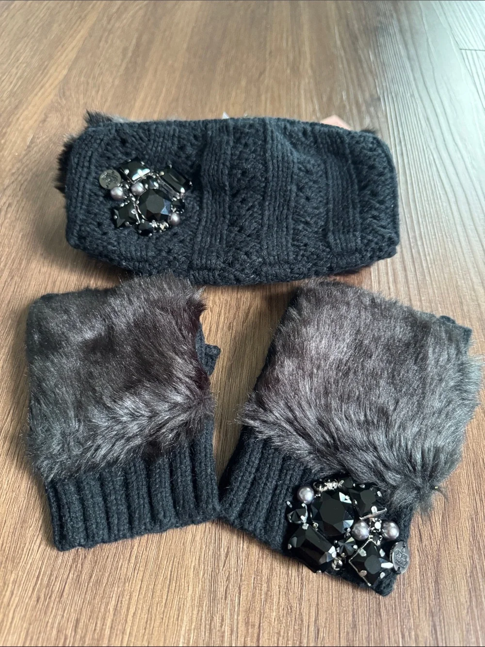 Juicy Couture Ear Warmers and Fingerless Gloves Set with Fur and Jewel Accents